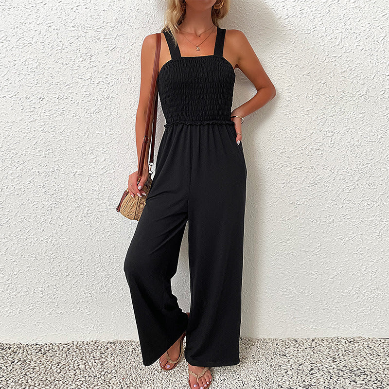 Summer Sling One Piece Wide Leg Black Loose Women Jumpsuit