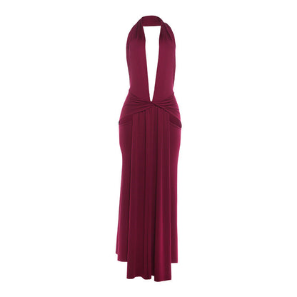 Satin Halter Deep V-Neck Cut Out Knot Front Double High Split Maxi Dress