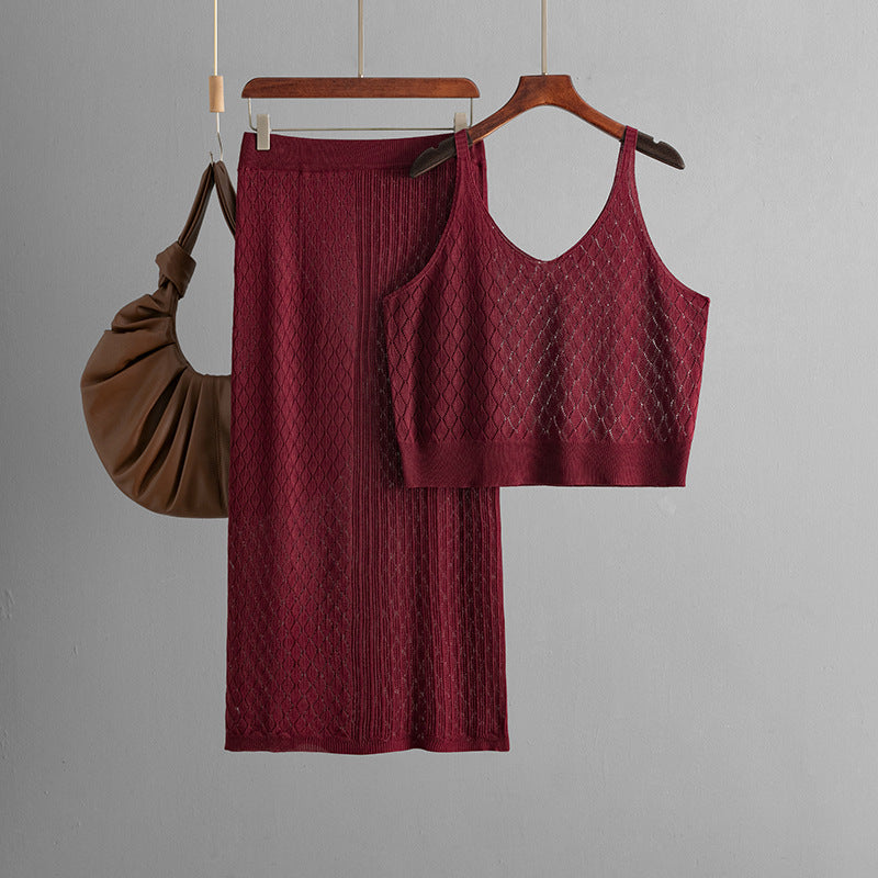 Summer Hollow Out Cutout out Short Spaghetti Straps Knitted Skirt Two Piece Set