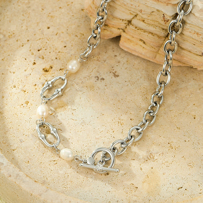 Mixed Metal Pearl Inlaid Collar Necklace