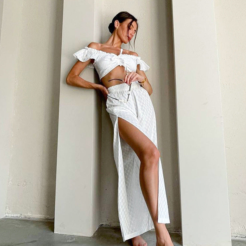 Summer Sexy Pants Set Women Ruffled Stitching Flying Sleeves Jacquard Slit