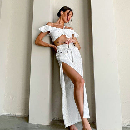 Summer Sexy Pants Set Women Ruffled Stitching Flying Sleeves Jacquard Slit