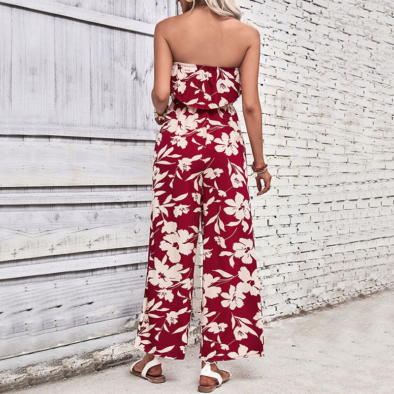 Summer Women Clothing Printed Tight Red Jumpsuit