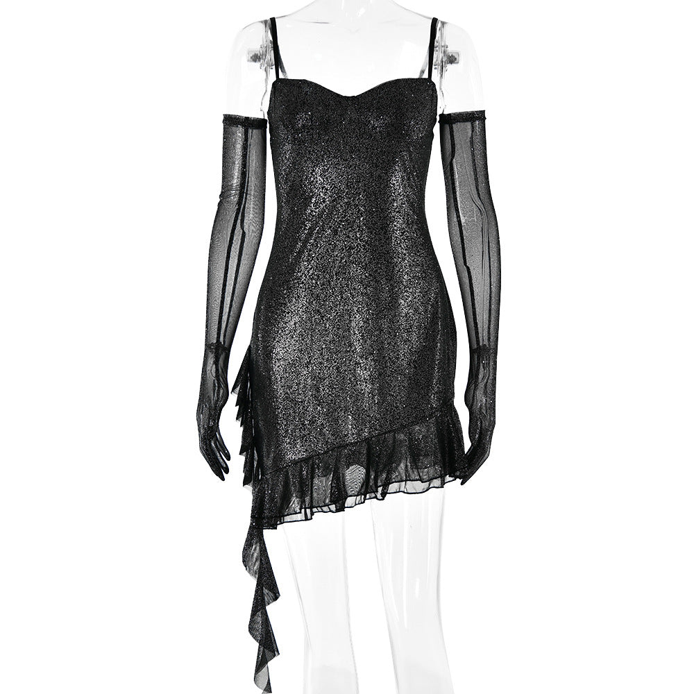 Glitter Mesh Sweetheart Spaghetti Strap Ruffle Hem Bodycon Mini Dress