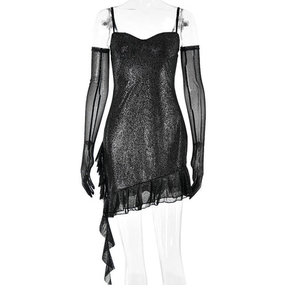 Glitter Mesh Sweetheart Spaghetti Strap Ruffle Hem Bodycon Mini Dress