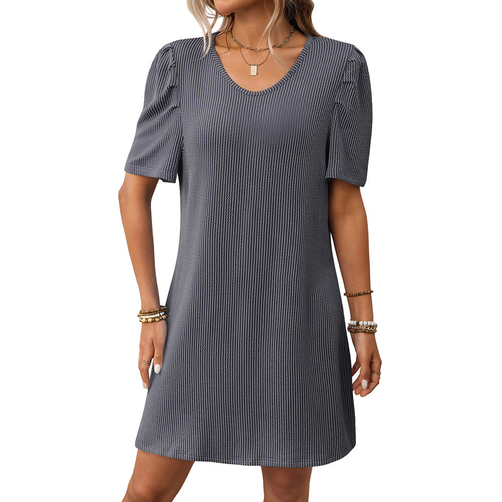Summer Women Clothing Contrast Color Twist Strip Puff Sleeve Mid Length Dress