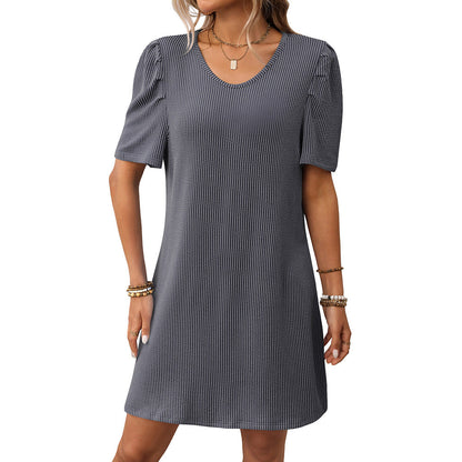 Summer Women Clothing Contrast Color Twist Strip Puff Sleeve Mid Length Dress