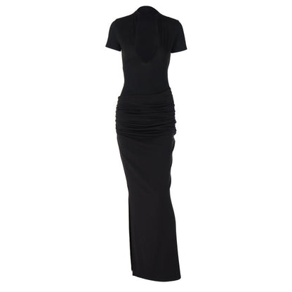 Mock Neck Deep V Neck Cap Sleeve Ruched Bodycon Maxi Dress