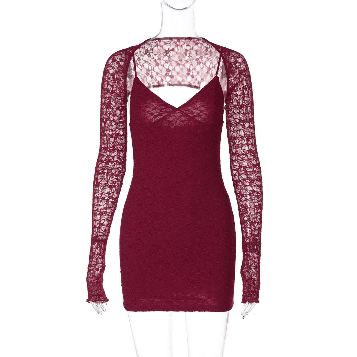 Sexy Lace Stitching Suspender Dress Pure Red Sexy Slim Fit V neck Socialite Dress