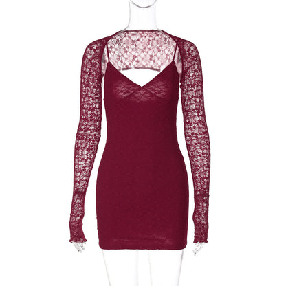 Sexy Lace Stitching Suspender Dress Pure Red Sexy Slim Fit V neck Socialite Dress