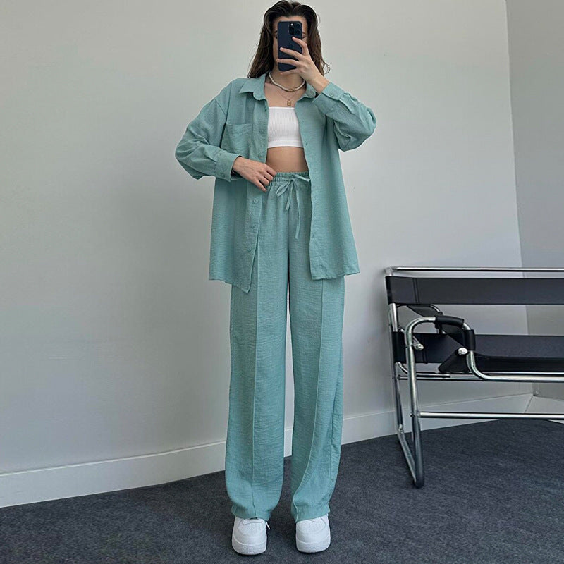 Suit Women Autumn Winter Long Sleeved Shirt Pleated Elastic Waist Pants Elegant Two Piece Set