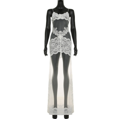 Summer Women Mesh Lace Lace Spaghetti Strap Dress See through Sexy Nightdress Vacation Maxi Dress
