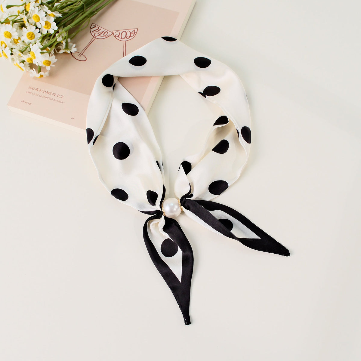 Pearl Magnetic Buckle Polka Dot Neck Ribbon Scarf