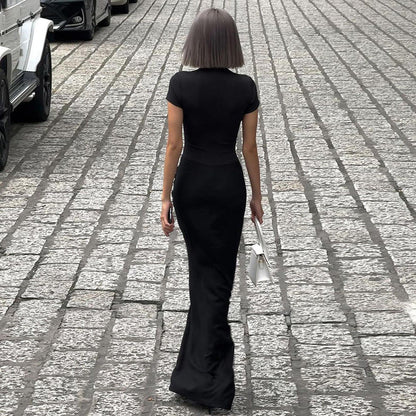 Mock Neck Deep V Neck Cap Sleeve Ruched Bodycon Maxi Dress