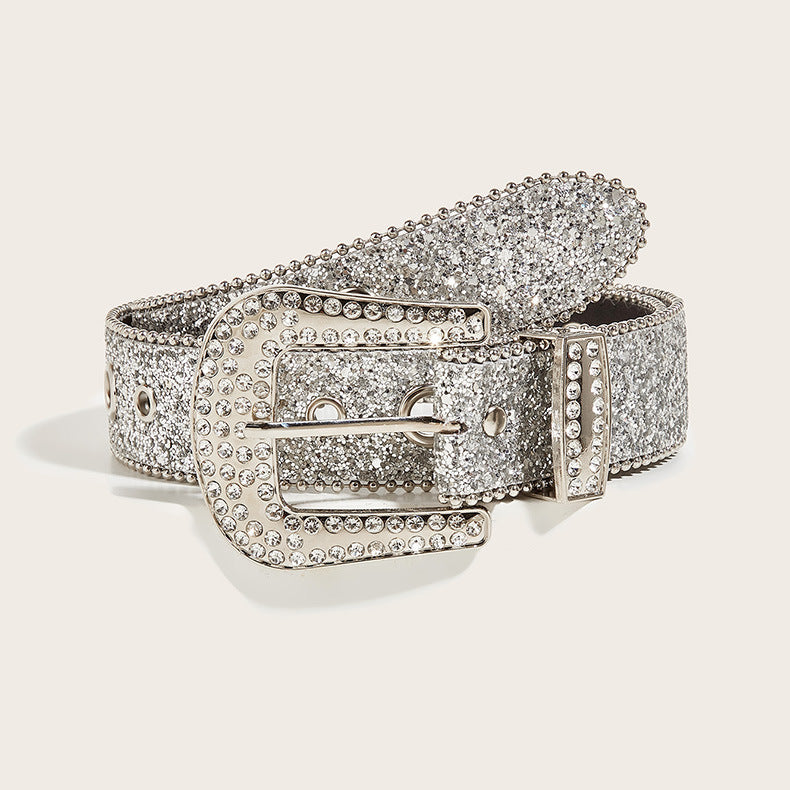 Rhinestone Sequin Wide Denim Belt