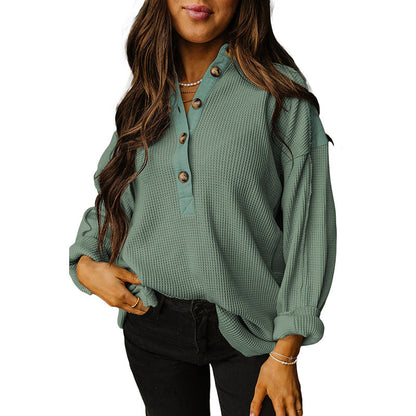 Summer Pullover round Neck Long Sleeves Top Women Loose Oversize Waffle Sweatshirt Women