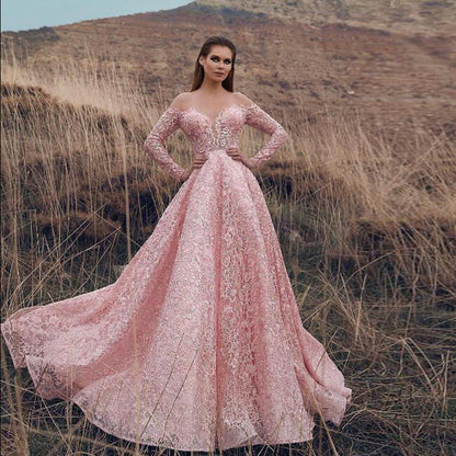 Off Shoulder Sweetheart Lace Long Sleeve Ball Gown
