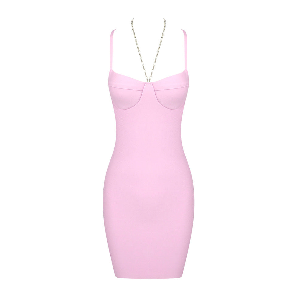 Summer Pink Sexy Chain Mini Suspender Hollow Out Cutout Backless Women Clothing