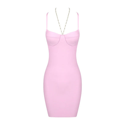 Summer Pink Sexy Chain Mini Suspender Hollow Out Cutout Backless Women Clothing