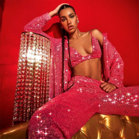 Sequined Long Sleeve Tops Shirt Women V neck Vest Straight Leg Pants Three Piece Set Sexy Spring Summer Party Set