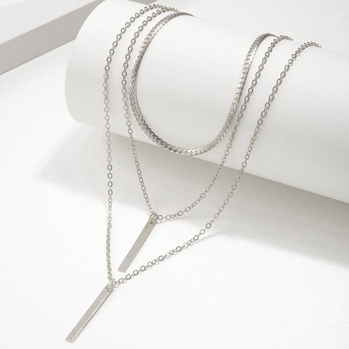 Minimalist Geometric Bar Pendant Layered Chain Necklace