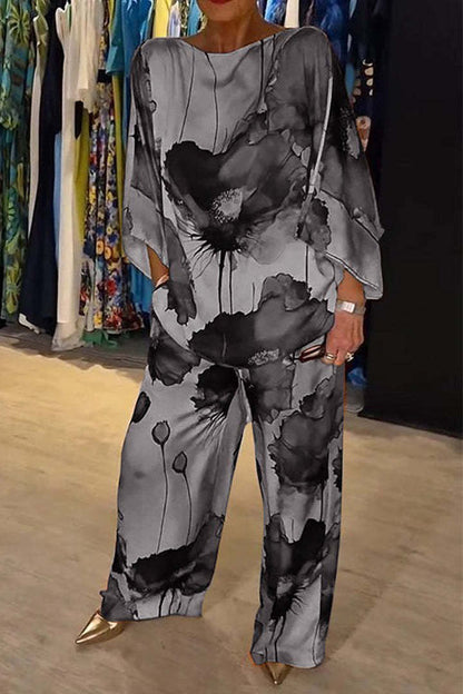 Summer Autumn Collection Independent Station Urban Elegant Satin off Neck Loose Printed Batwing Sleeve Drawstring Trousers Sets