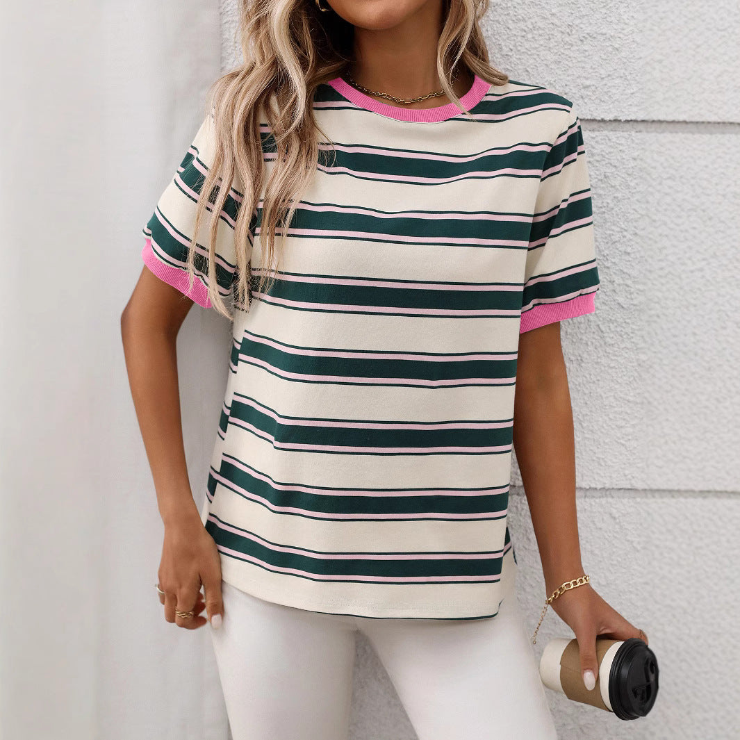 Summer round Neck Loose Top Striped Contrast Color Short Sleeve T shirt