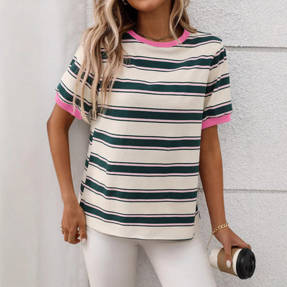 Summer round Neck Loose Top Striped Contrast Color Short Sleeve T shirt