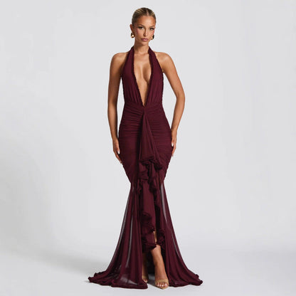 Halter Neck Plunging Ruched High-Low Mermaid Maxi Dress