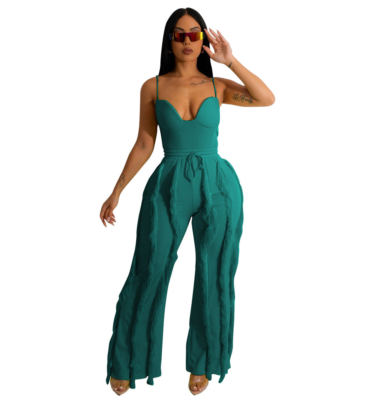 Summer Women Clothing Tassel Lace Suit Sexy Sling Two Piece Set