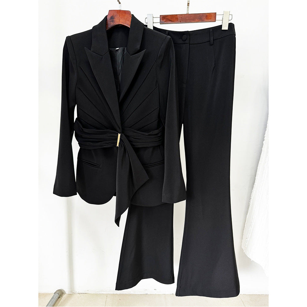 Women Asymmetric Belt Slim Fit Blazer Trousers Set