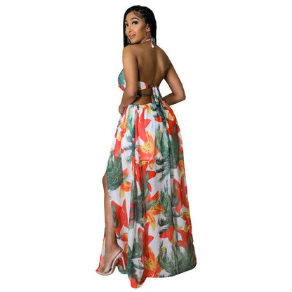 Women Clothing Floral Dress Slightly Mid Length Sling Dress French Printed Dress