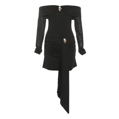 Off Shoulder Mesh Sleeve Ruched Metal Brooch Sash Mini Dress