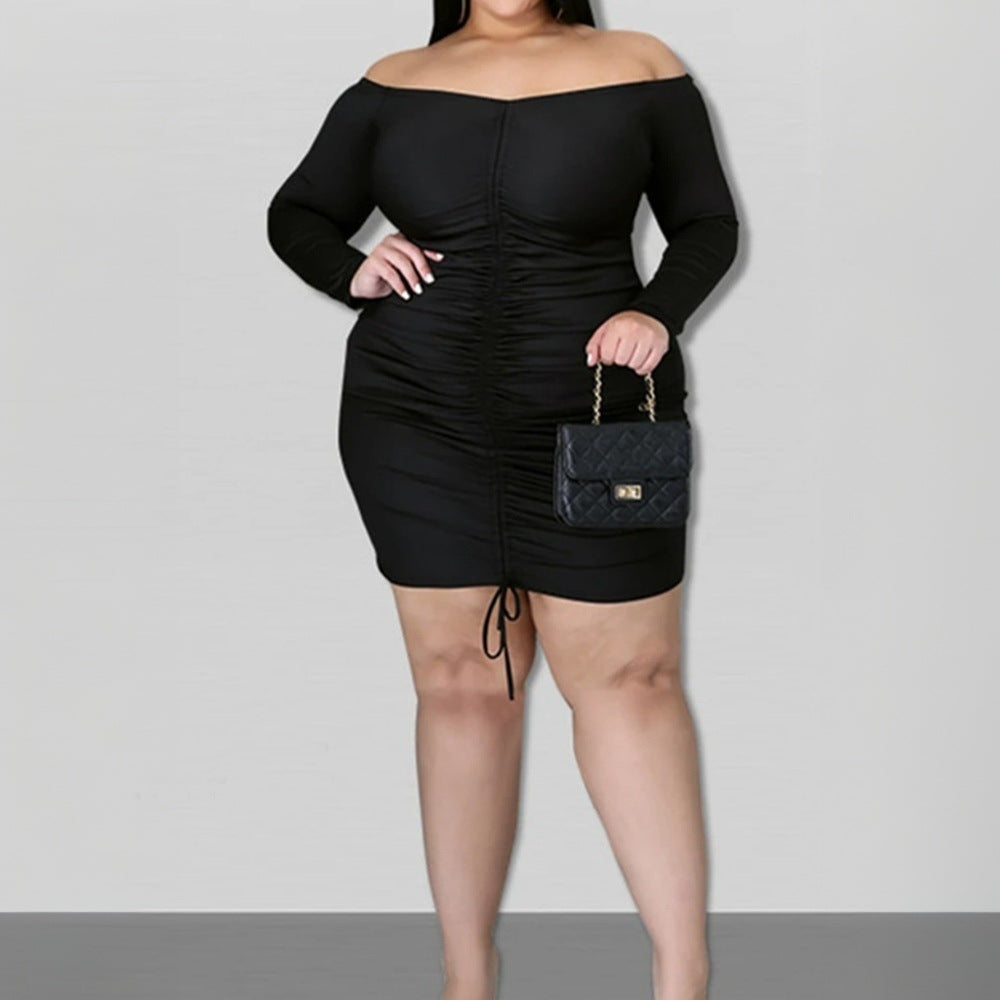 plus Size Women Clothing Sexy Sexy Dress Autumn Winter One Neck Slim Fit Hip Wrapped Short Dress