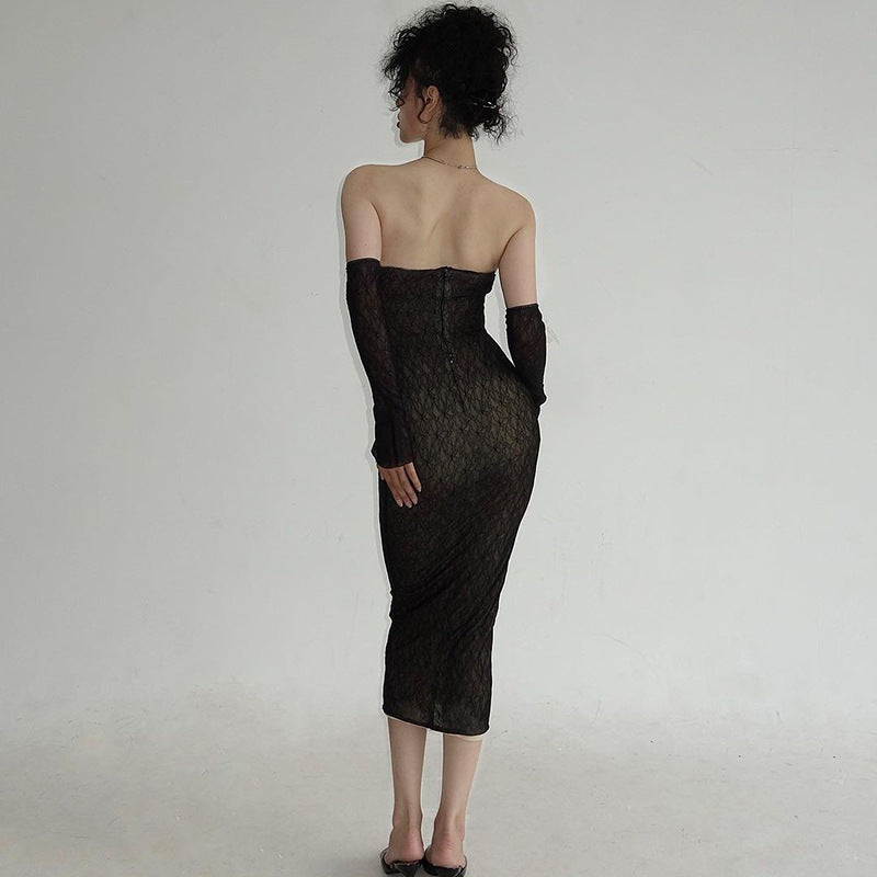 Summer Pure Sexy Lace Tube Top Hip Waist Controlled Sexy Dress with Oversleeves for Women