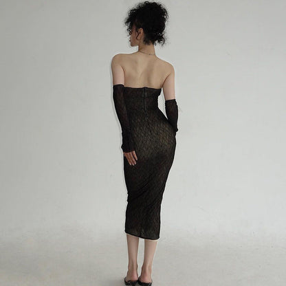 Summer Pure Sexy Lace Tube Top Hip Waist Controlled Sexy Dress with Oversleeves for Women