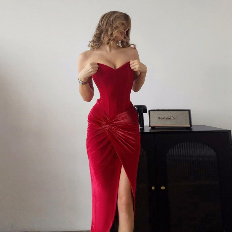 Autumn Maxi Dress Elegant Sexy Slim Tube Top Boning Corset Velvet Dress
