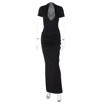 Mock Neck Deep V Neck Cap Sleeve Ruched Bodycon Maxi Dress