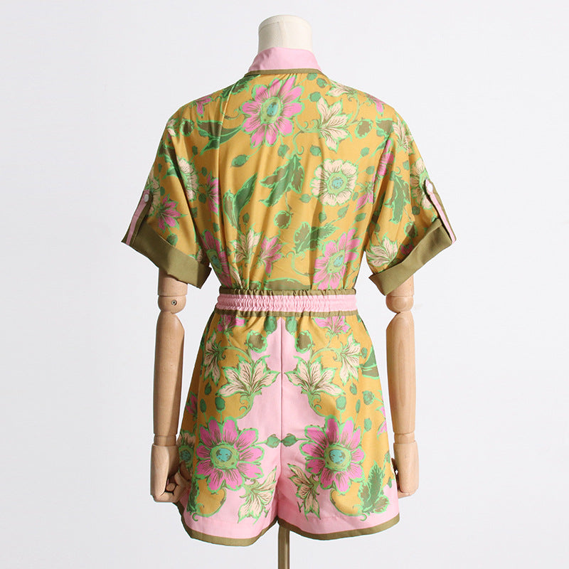 Summer Unique Print Design Shirt Top Casual Shorts Suit Women Two Piece Suit