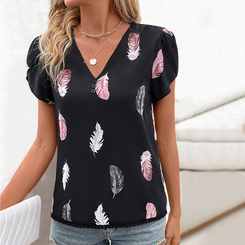 Top Personality V neck Puff Sleeve Feather Printed Shirt for Women