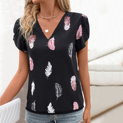 Top Personality V neck Puff Sleeve Feather Printed Shirt for Women