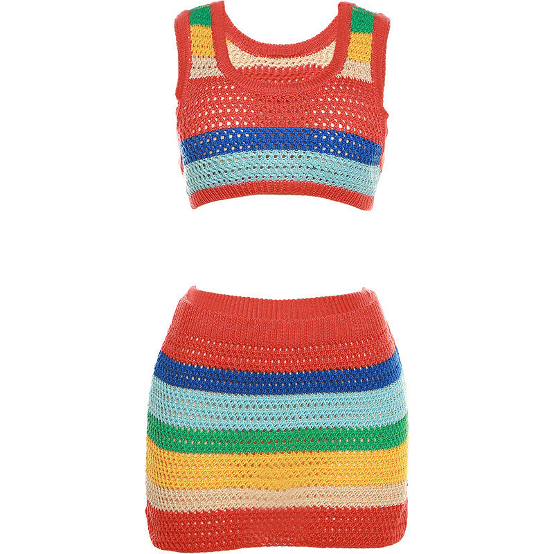 Summer Women Clothing Sexy Casual Knitted Slim Fit Cropped Top High Waist Hip Wrapped Skirt Set