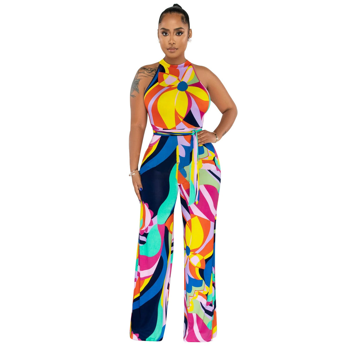 Summer Women Clothing Printed Sexy Sleeveless Lace up Jumpsuit Trousers for Women