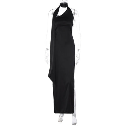 Satin Halter Neck Choker Side Slit Floor Length Maxi Gown