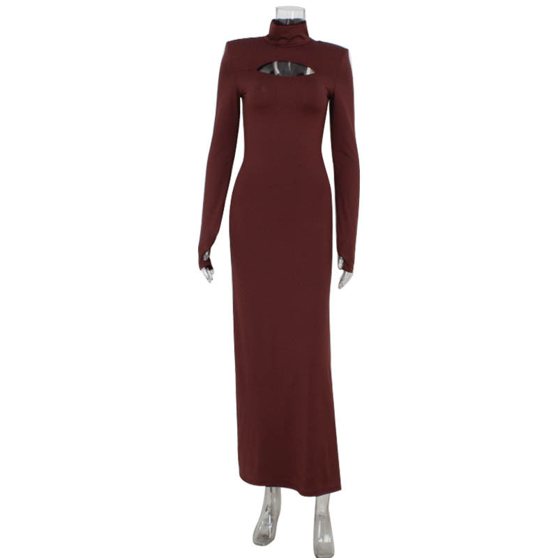 Autumn Winter Chest Hollow Out Cutout out Long Sleeve Slim Fit Sexy Solid Color Dress Maxi Dress Women