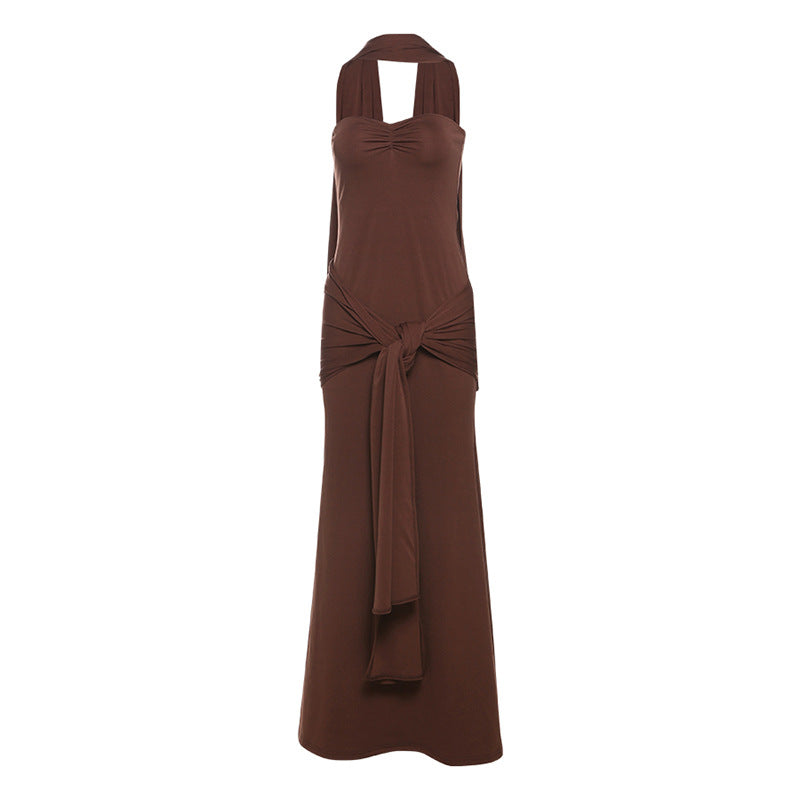 Spring Women Clothing Personality Scarf Collar Slim Fit Twist Lace up Tube Top Dress Women
