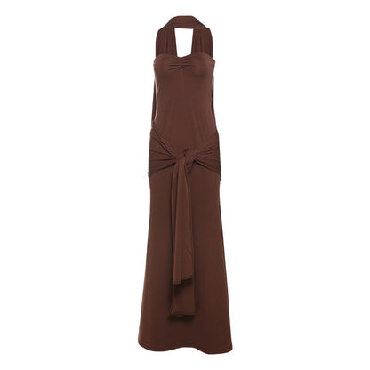 Spring Women Clothing Personality Scarf Collar Slim Fit Twist Lace up Tube Top Dress Women