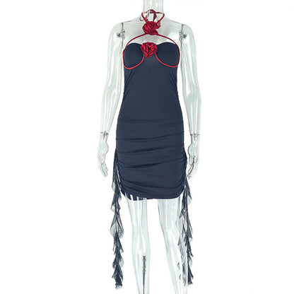 Halter Neck Applique Sweetheart Ruched Ruffle Streamer Mini Dress