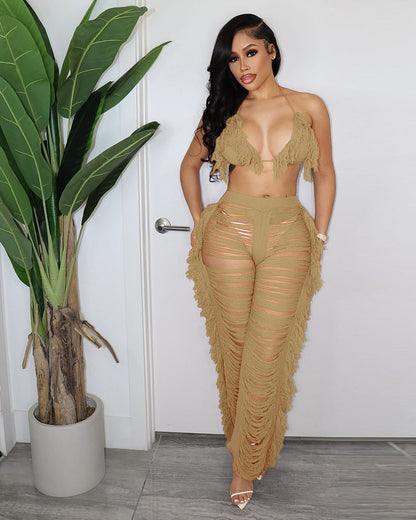 Summer Women Clothing Sexy Tassel Knitted Trousers Suit