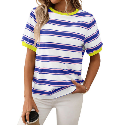 Summer round Neck Loose Top Striped Contrast Color Short Sleeve T shirt